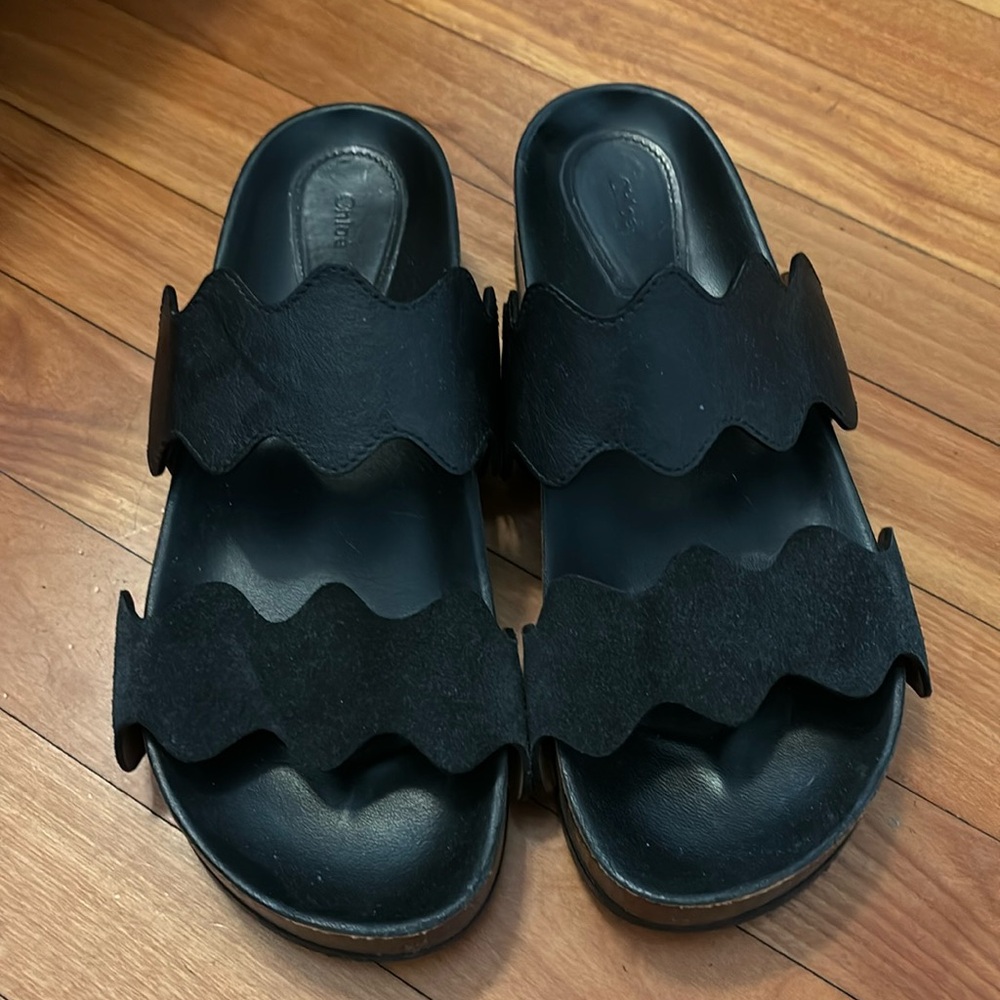Chloe Lauren Scalloped Leather Sandal Black Sz 38